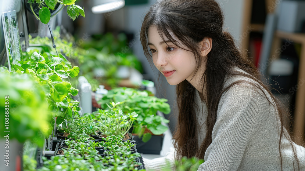 A young woman gently cares for small plants in a vibrant indoor garden, enjoying a peaceful afternoon among lush greenery and natural light A young woman gently cares for small plants in a vibrant indoor garden, enjoying a peaceful afternoon among lush greenery and natural light