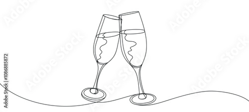 Simple one line drawing of champagne glasses. Festive outline glasses. Clinking glasses for Christmas, New Year, birthday and other holidays