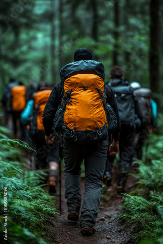Wallpaper Mural A group of hikers navigates a dense, green forest, each with colorful backpacks, trekking along a winding path in the misty atmosphere Torontodigital.ca