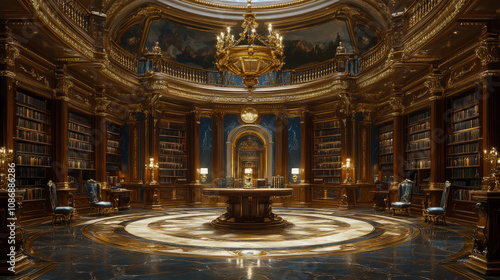 A lavish library features tall shelves of books, elegant decor, and golden chandeliers that create a warm, inviting glow