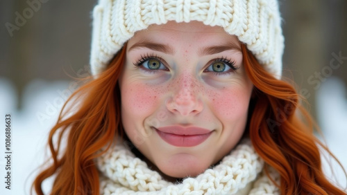 Beautiful cheerful happy red-haired curly young woman with freckles, green eyes, white hat and scarf, in a snowy park. Banner. photo