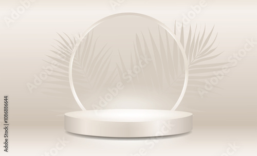 Delicate beige background with a glowing podium and palm leaves. Stage for product presentation, advertising, sales