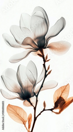 X-ray of flowers, magnolia in the center, soft colors