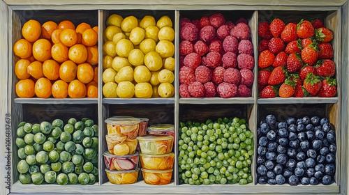 A vibrant assortment of oranges, lemons, strawberries, and blueberries fills a wooden crate, showcasing the fresh produce available at the market