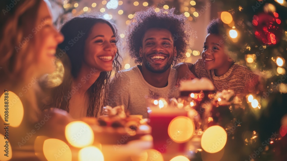 Festive Family Enjoying Christmas Dinner with Sparkling Lights