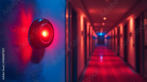 Close-up of a red alarm light mounted on a hallway wall, flashing as an emergency alert signal, symbolizing safety and immediate attention 