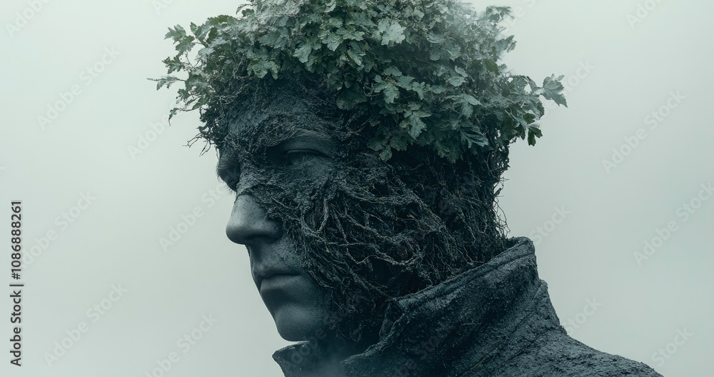 A unique figure resembling a tree stands in a misty forest, with a face entwined in bark and greenery, symbolizing nature's connection to humanity A unique figure resembling a tree stands in a misty forest, with a face entwined in bark and greenery, symbolizing nature's connection to humanity