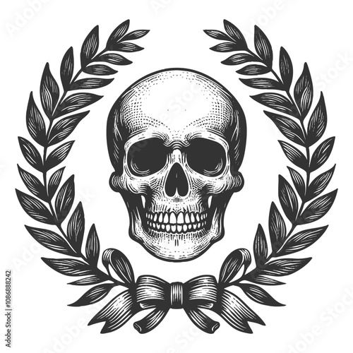 human skull framed by a laurel wreath and decorative ribbon, symbolizing victory and mortality sketch engraving generative ai vector illustration. Scratch board imitation. Black and white image.