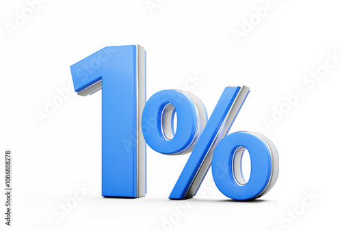 Vibrant Blue 1% One Percent Sign With Sleek Metallic Gleam On White Background 3D Illustration photo