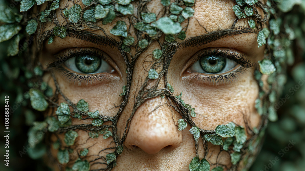 A woman’s face is covered with green leaves and vines, emphasizing her deep blue eyes and creating an enchanting blend of human and nature A woman’s face is covered with green leaves and vines, emphasizing her deep blue eyes and creating an enchanting blend of human and nature