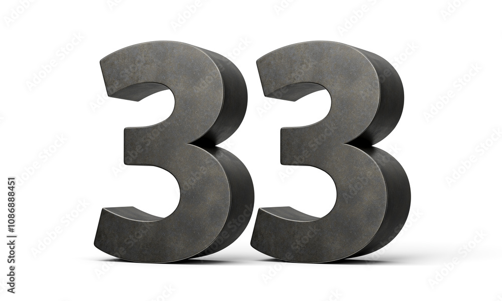 Number Thirty three 33 Digit Made Of Gray Smooth Cast Iron Isolated On White Background 3d Illustration