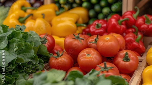 fresh halal food and grocery. A vibrant display of fresh vegetables, including tomatoes, bell peppers, and leafy greens, showcasing a colorful assortment at a market.