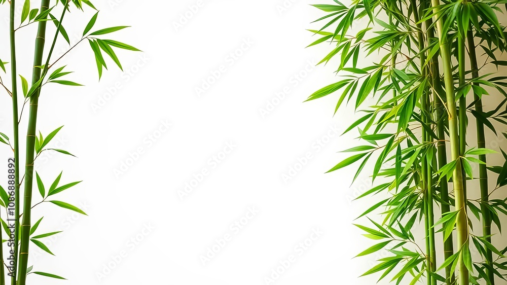 A pair of bamboo stalks with vibrant green leaves framing a white background, showcasing nature's simplicity and elegance A pair of bamboo stalks with vibrant green leaves framing a white background, showcasing nature's simplicity and elegance