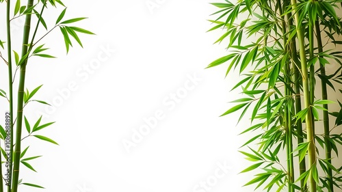 A pair of bamboo stalks with vibrant green leaves framing a white background, showcasing nature's simplicity and elegance