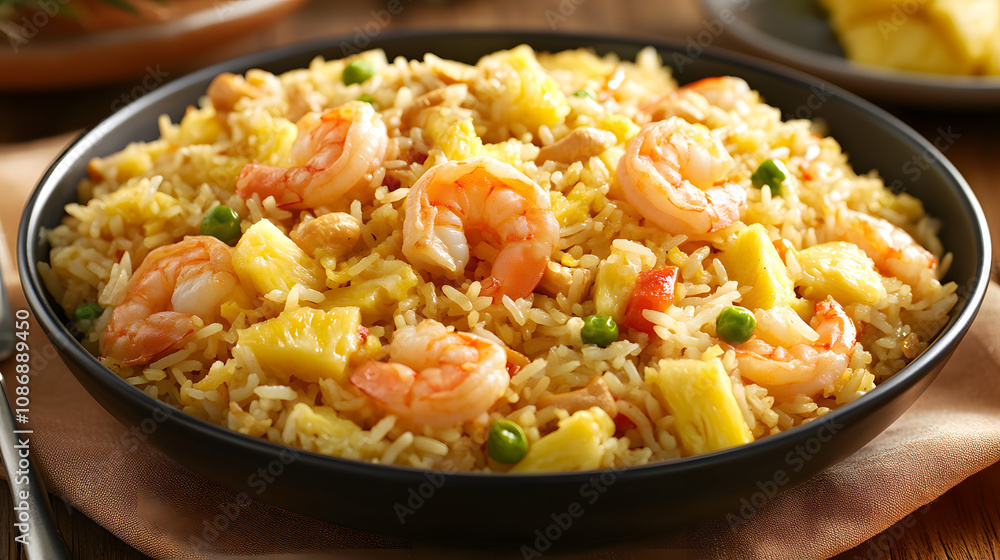 Pineapple Fried Rice: An Exotic Blend of Jasmine Rice with Succulent Shrimp and Crunchy Cashews Pineapple Fried Rice: An Exotic Blend of Jasmine Rice with Succulent Shrimp and Crunchy Cashews