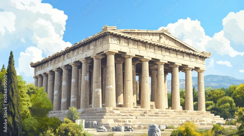 Majestic Ancient Greek Parthenon Temple Against Blue Sky Majestic Ancient Greek Parthenon Temple Against Blue Sky