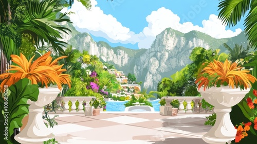 Idyllic Tropical Resort Balcony with Majestic Mountain View