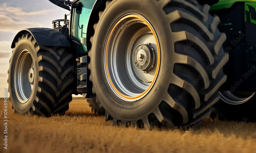 Experience the power of modern agriculture with a close-up of a tractor tire on golden fields at sunset Experience the power of modern agriculture with a close-up of a tractor tire on golden fields at sunset