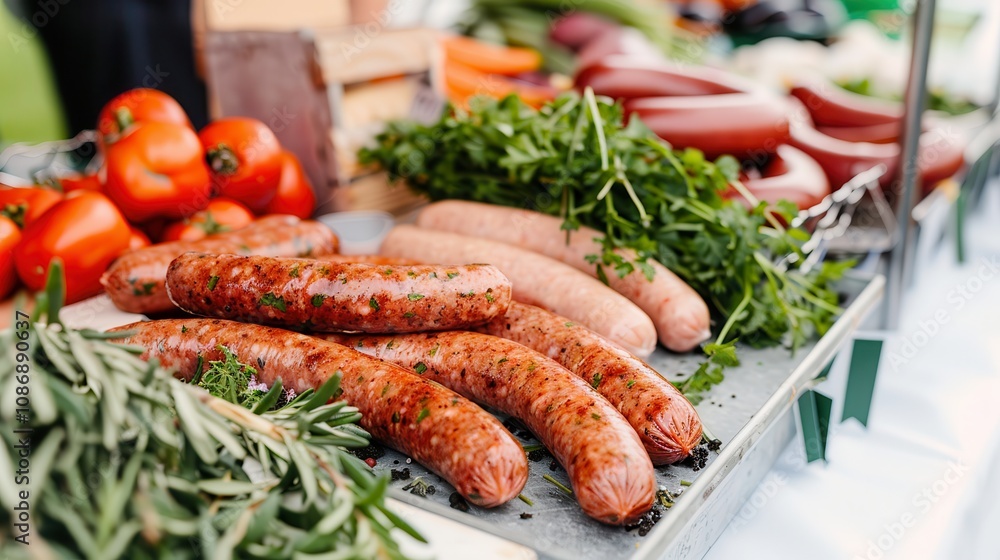 fresh halal food and grocery. A vibrant display of fresh sausages and colorful vegetables, showcasing a variety of produce at a market. fresh halal food and grocery. A vibrant display of fresh sausages and colorful vegetables, showcasing a variety of produce at a market.