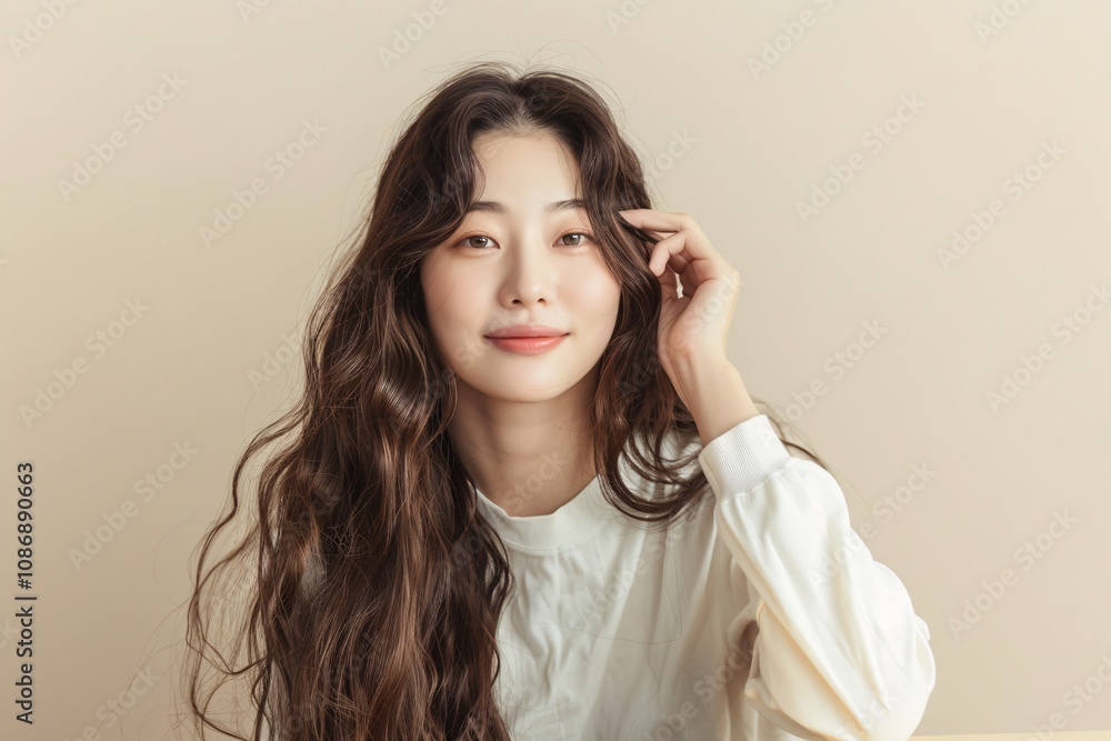Fototapeta premium Portrait of a cheerful Korean woman on a soft grey backdrop..