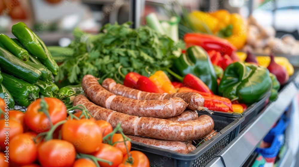 fresh halal food and grocery. A colorful display of fresh vegetables and sausages at a market, showcasing vibrant produce and inviting aromas. fresh halal food and grocery. A colorful display of fresh vegetables and sausages at a market, showcasing vibrant produce and inviting aromas.