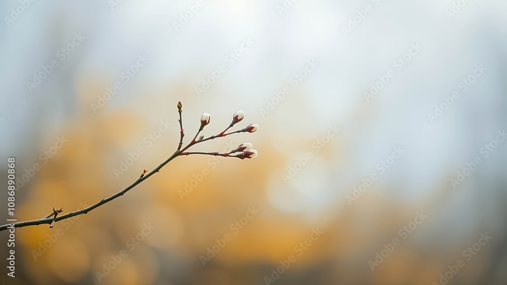 A delicate branch with delicate white buds reaching towards the warm, golden light of the setting sun A delicate branch with delicate white buds reaching towards the warm, golden light of the setting sun