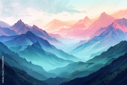 A mountain landscape with distinct, colorful layers.