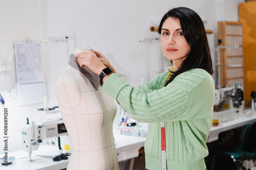 Confident fashion designer working on dummy in design studio Confident fashion designer working on dummy in design studio