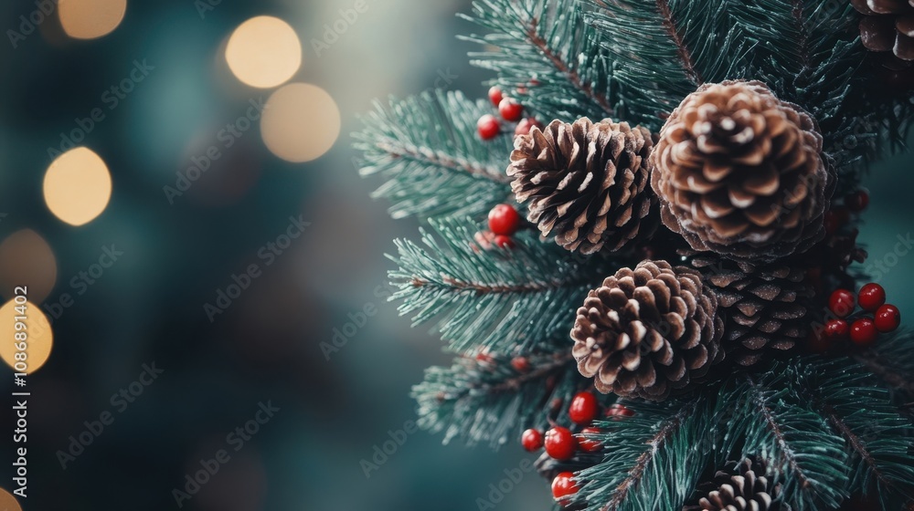 Festive Christmas Pine Branch with Cones and Berries Decoration Festive Christmas Pine Branch with Cones and Berries Decoration