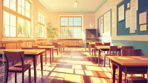 Wallpaper Mural Classroom interior with wooden chairs and desks. Student studying lessons in secondary education. Generated stock.
 Torontodigital.ca