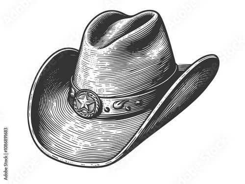 classic cowboy hat, capturing the essence of Western style in a vintage engraving style sketch engraving generative ai vector illustration. Scratch board imitation. Black and white image.