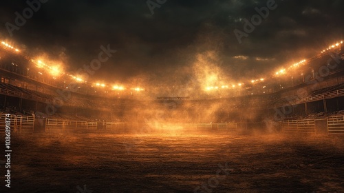 Empty rodeo arena with smoke and lights. photo