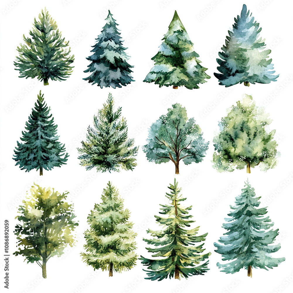 collection of Christmas trees in watercolor collection of Christmas trees in watercolor
