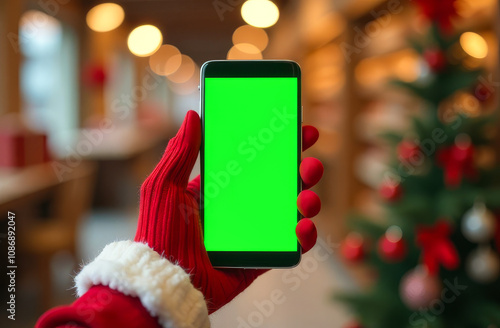 A woman's hand in a red glove holds a smartphone with a green screen against the background of a festively decorated shop. Concept of online shopping, Christmas sale, seasonal advertising. Copy space. photo