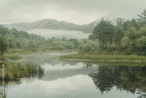 Tranquil lake photoshoot in misty forest with serene ambiance