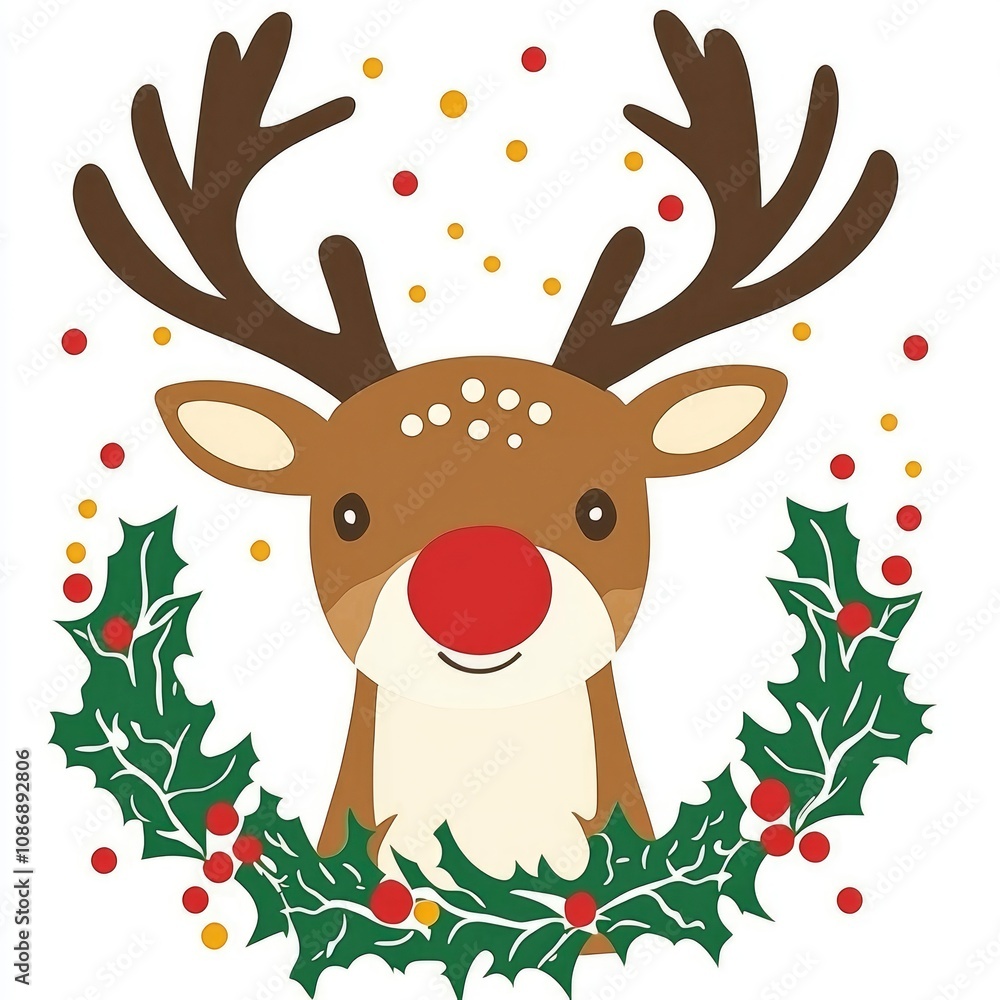 custom made wallpaper toronto digitalCute Christmas Reindeer with Holly Wreath Illustration