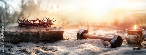 Rustic Wooden Cross with Crown of Thorns and Blacksmith's Hammer in Serene Sunlit Landscape photo