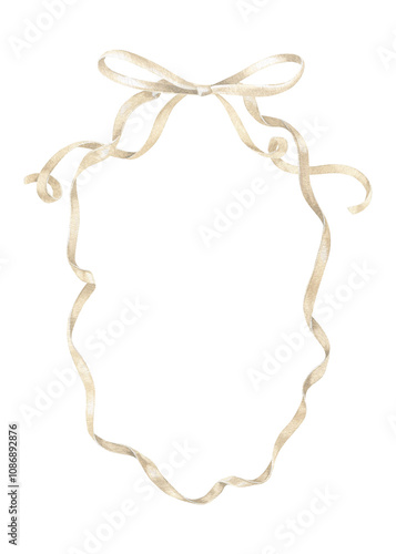 A beige watercolor design of a ribbon wreath. The graceful, vintage style and oval blank copyspace make it suitable for wedding invitations, greeting cards, or holiday themed decorative frame borders