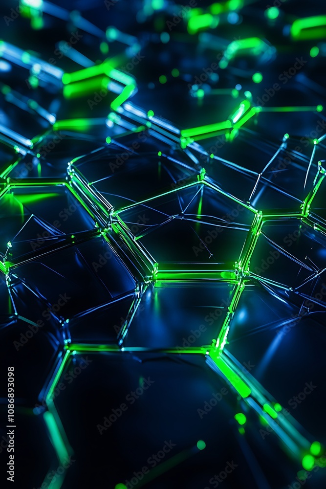 Obraz premium Abstract glowing hexagonal pattern with vibrant green and blue colors, illustrating technology, science, and futuristic designs against a dark background