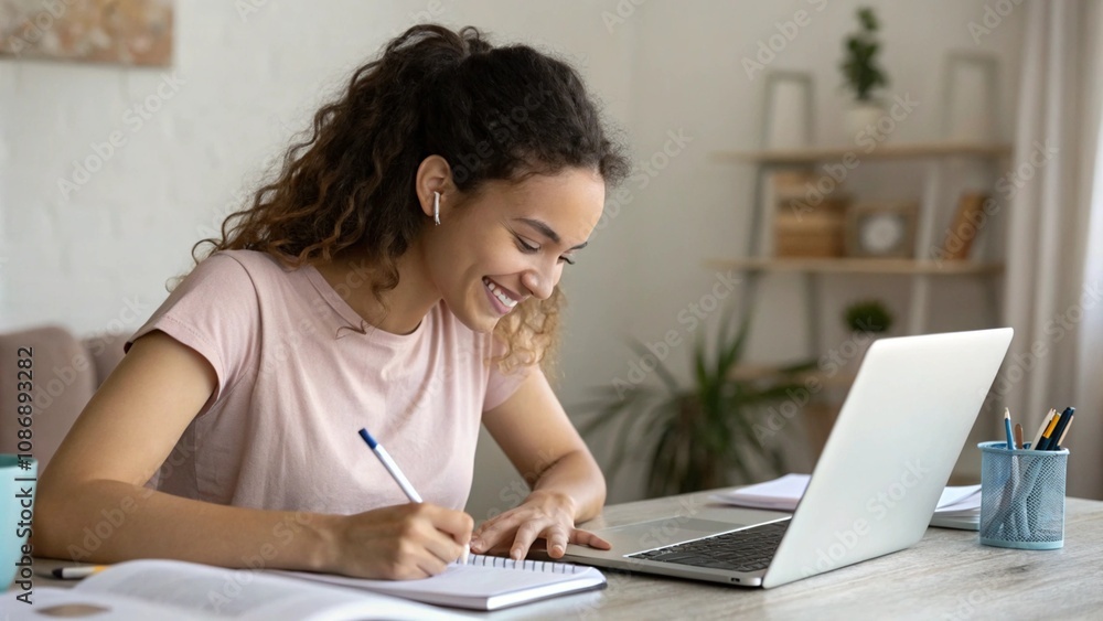 Happy young woman using laptop sitting at desk writing notes while watching webinar, studying online, looking at pc screen learning web classes or having virtual call meeting remote working from home. Happy young woman using laptop sitting at desk writing notes while watching webinar, studying online, looking at pc screen learning web classes or having virtual call meeting remote working from home.