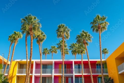 Colorful Mid-Century Modern Architecture with Palm Trees and Bright Sky in Palm Springs California Travel Destination