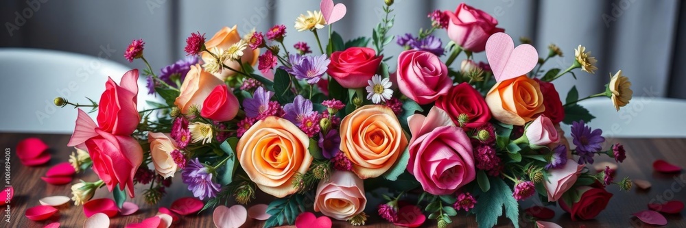 Fototapeta premium Lavender, pink, and red rose flowers arranged stunningly with delicate paper hearts on a wooden table, beautiful, table
