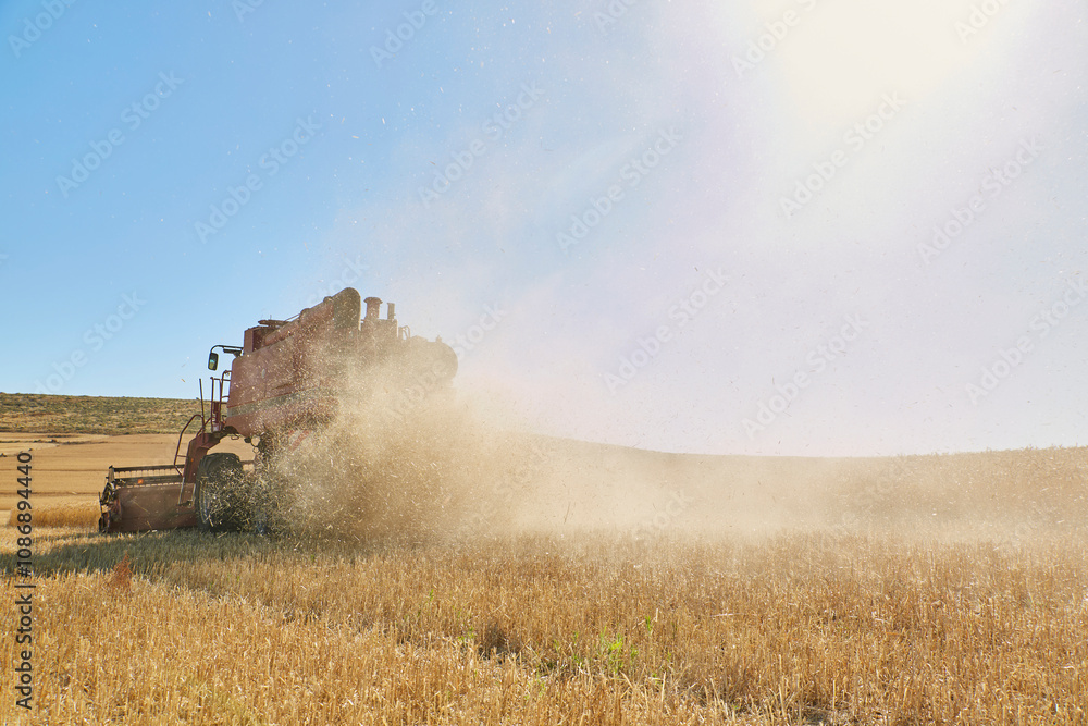 Combine harvester moving in wheat farm Combine harvester moving in wheat farm