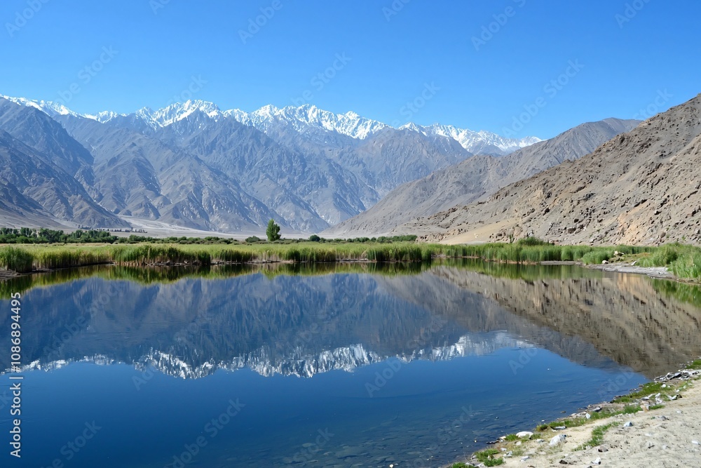 Serene Mountain Lake Reflecting Majestic Peaks Under Clear Blue Sky Serene Mountain Lake Reflecting Majestic Peaks Under Clear Blue Sky