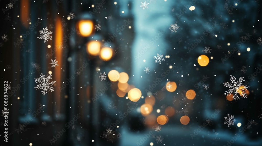 Naklejka premium On a blurred background, snowflakes are decorated with street lights at night 