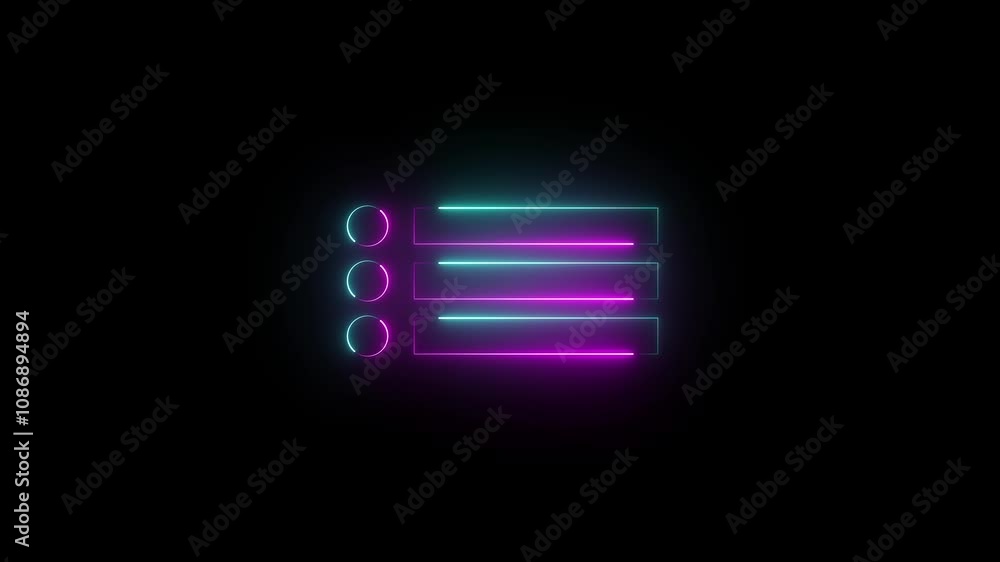 Neon menu button icon animation on black background. restaurant and restorer, café menu symbol. 