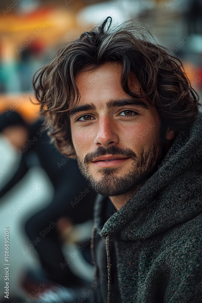 Warm Smiling Man at a Vibrant Skate Park Setting Warm Smiling Man at a Vibrant Skate Park Setting