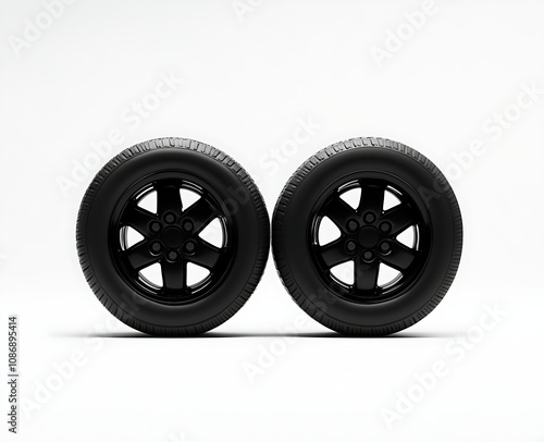 3 black tires with dark gray rims stacked