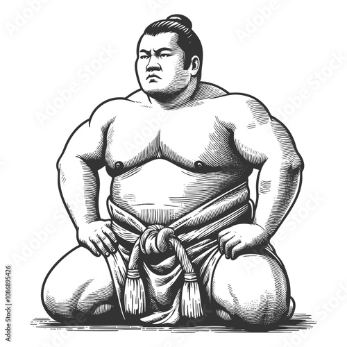 sumo wrestler kneeling in a traditional pose, emphasizing strength, discipline, and cultural heritage sketch engraving generative ai vector illustration. Scratch board imitation. Black and white image
