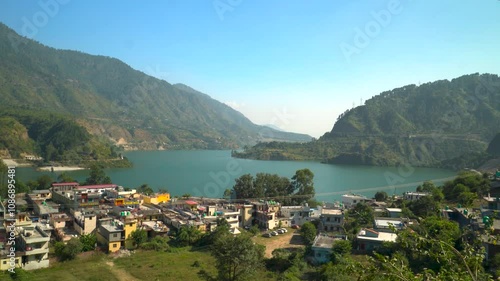 Chinyalisaur Town on Bhagirathi River with Mountain Views, Garhwal Himalayas, Uttarakhand, India photo